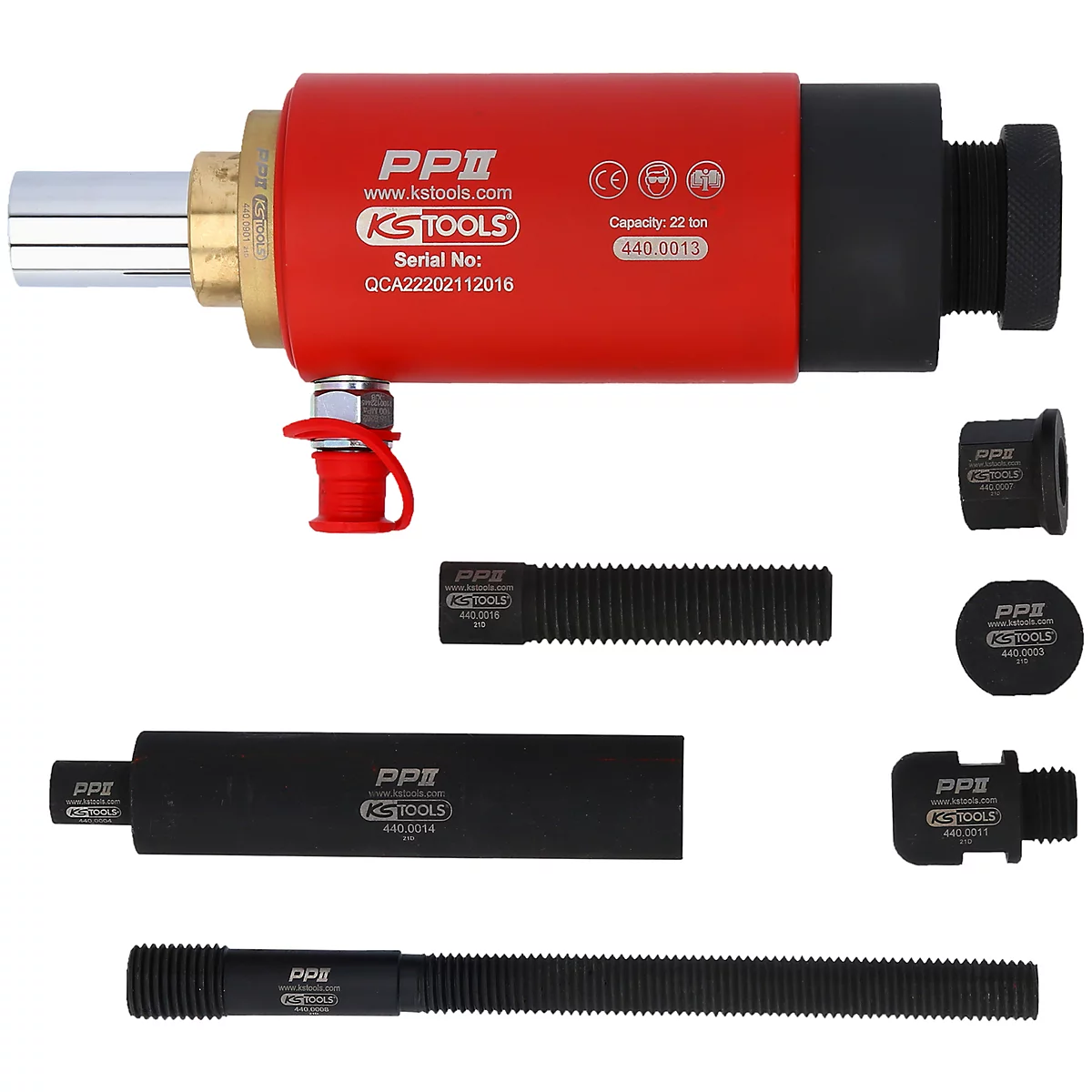 Rotes KS Tools Werkzeug, verschiedene Aufsätze und schwarze Verlängerungen.